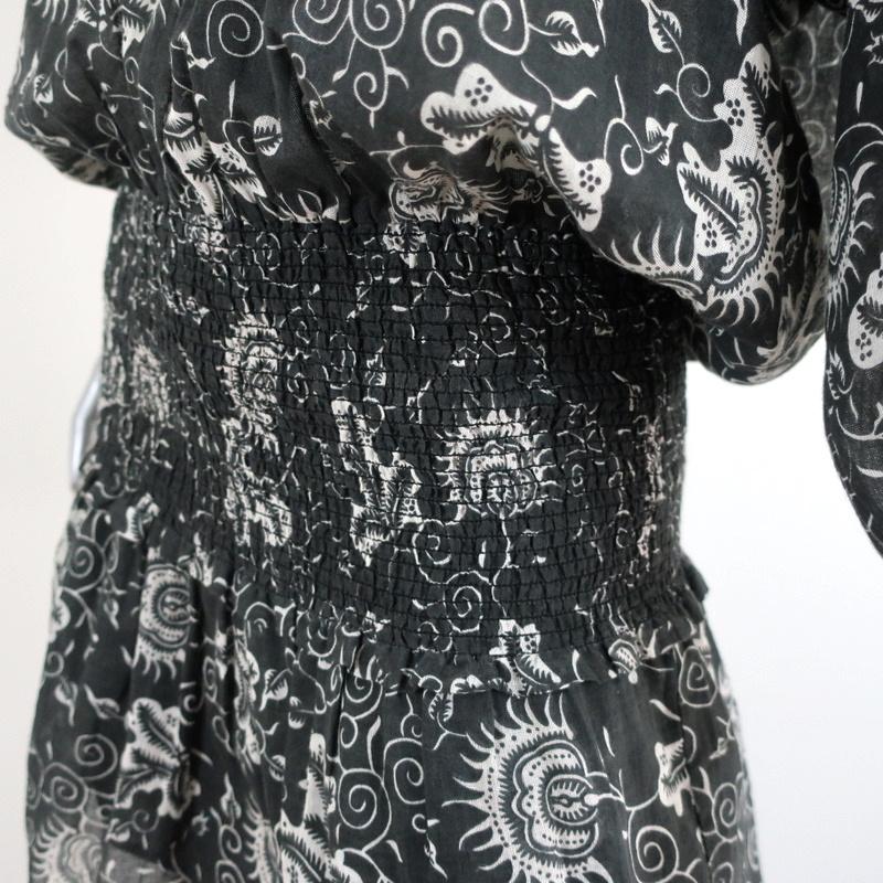 Ulla Johnson Dress Batu Charcoal Floral Print Cotton Size 2 Smocked Waist Mini available at CelebrityOwned.com img_4