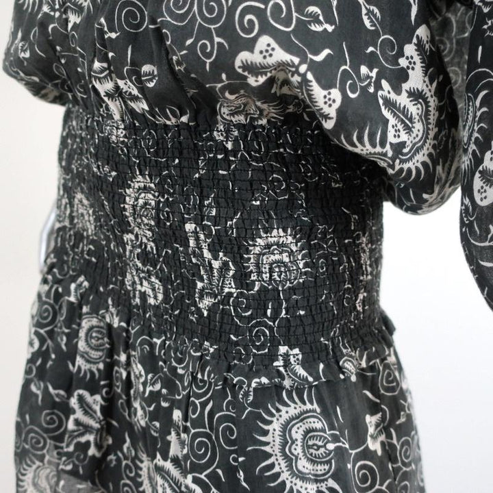 Ulla Johnson Dress Batu Charcoal Floral Print Cotton Size 2 Smocked Waist Mini available at CelebrityOwned.com img_4