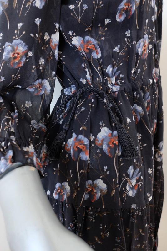 Ulla Johnson Dress Skye Navy Tiered Floral Print Silk Size 0 Tassel Drawstring available at CelebrityOwned.com img_3