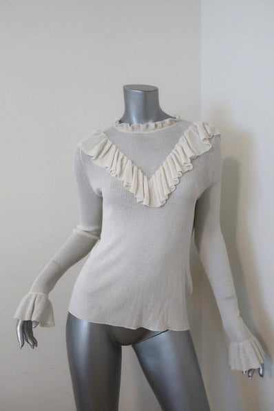 Ulla Johnson Top Maritza Cream Fine Ribbed Cotton Size Medium Ruffled Pullover available at CelebrityOwned.com img_1