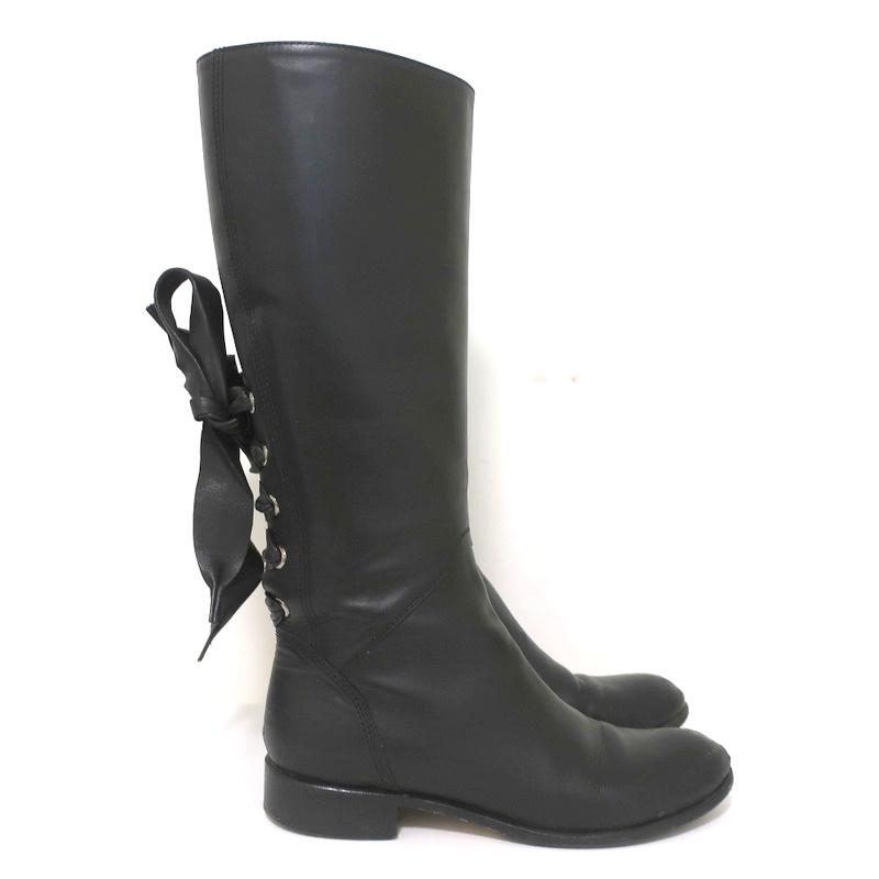 Valentino Ascot Ribbon Lace-Up Riding Boots Black Leather Size 39 Knee High Flat available at CelebrityOwned.com img_2