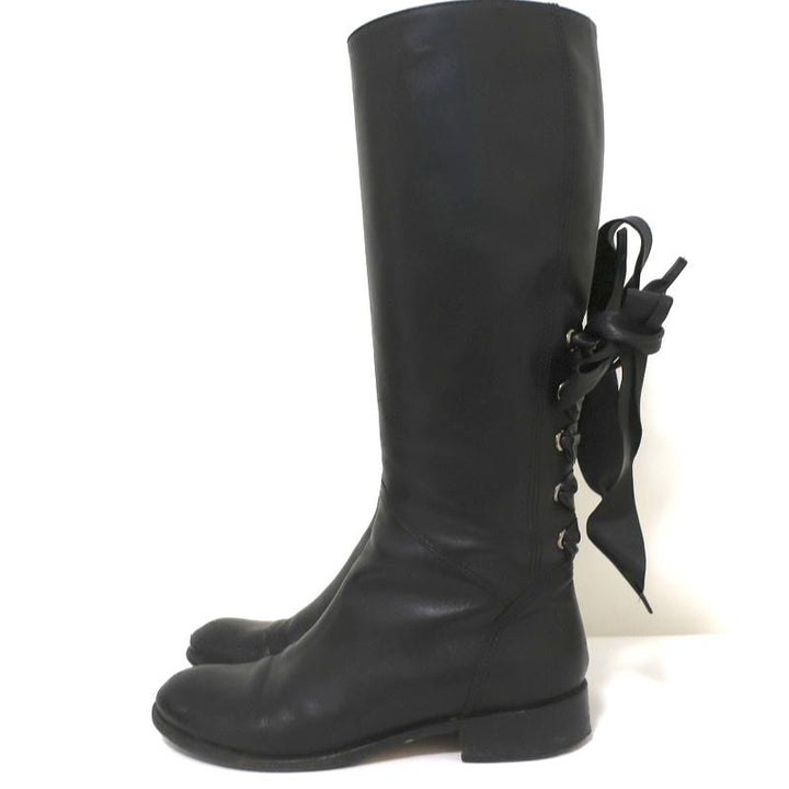 Valentino Ascot Ribbon Lace-Up Riding Boots Black Leather Size 39 Knee High Flat available at CelebrityOwned.com img_5