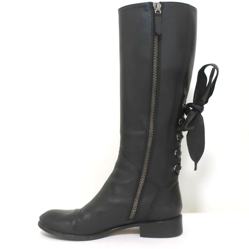 Valentino Ascot Ribbon Lace-Up Riding Boots Black Leather Size 39 Knee High Flat available at CelebrityOwned.com img_6