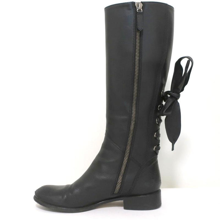 Valentino Ascot Ribbon Lace-Up Riding Boots Black Leather Size 39 Knee High Flat available at CelebrityOwned.com img_6
