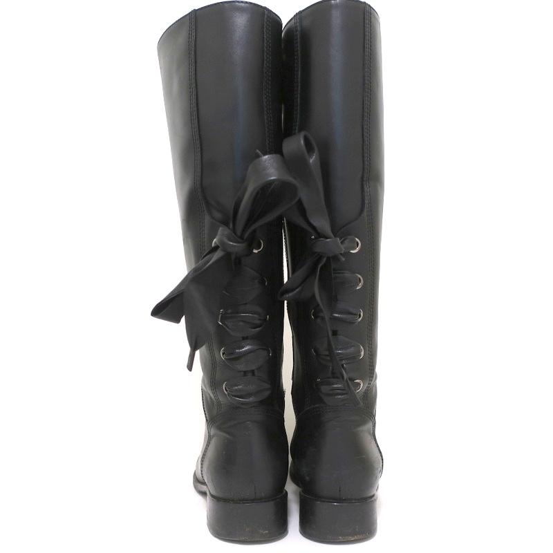 Valentino Ascot Ribbon Lace-Up Riding Boots Black Leather Size 39 Knee High Flat available at CelebrityOwned.com img_7