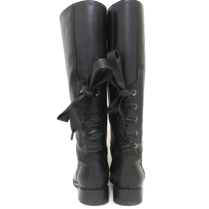 Valentino Ascot Ribbon Lace-Up Riding Boots Black Leather Size 39 Knee High Flat available at CelebrityOwned.com img_7