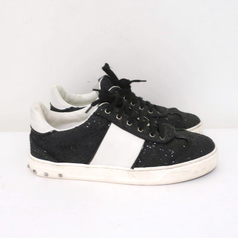 Valentino Glitter Flycrew Rockstud Sneakers Black/White Size 38 available at CelebrityOwned.com img_2