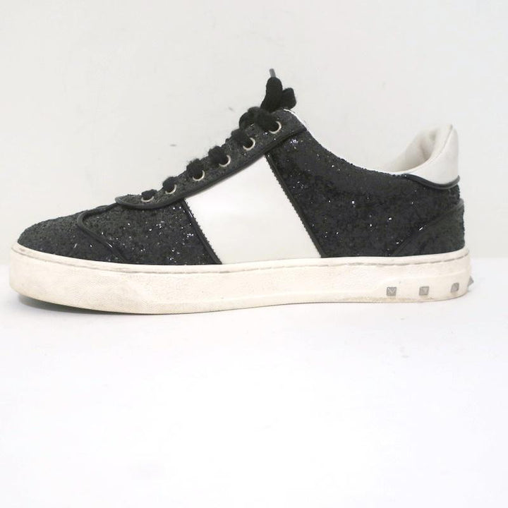 Valentino Glitter Flycrew Rockstud Sneakers Black/White Size 38 available at CelebrityOwned.com img_8