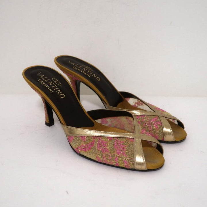 Valentino Peep Toe Mules Gold Metallic Leather-Trim Lace Size 38 Slide Heels available at CelebrityOwned.com img_1