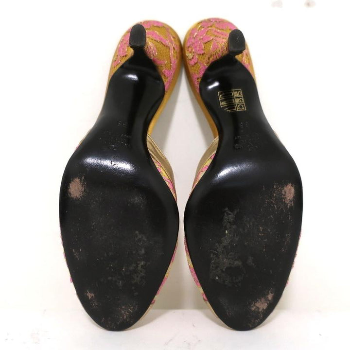Valentino Peep Toe Mules Gold Metallic Leather-Trim Lace Size 38 Slide Heels available at CelebrityOwned.com img_10