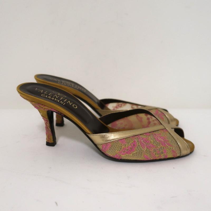 Valentino Peep Toe Mules Gold Metallic Leather-Trim Lace Size 38 Slide Heels available at CelebrityOwned.com img_2