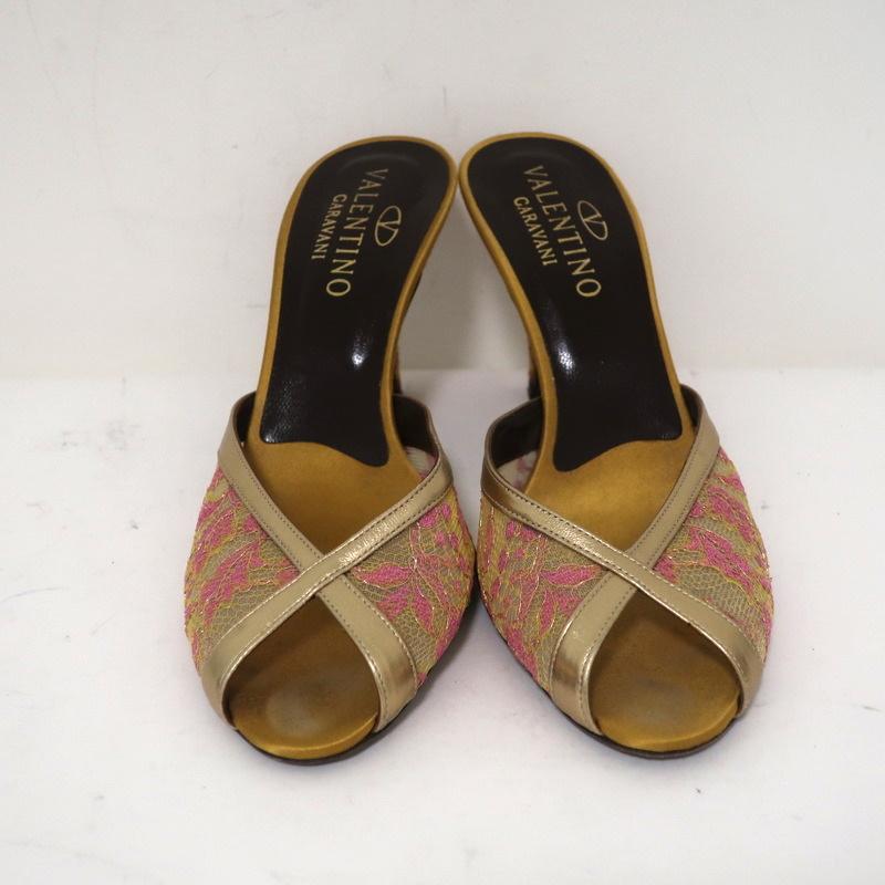 Valentino Peep Toe Mules Gold Metallic Leather-Trim Lace Size 38 Slide Heels available at CelebrityOwned.com img_3