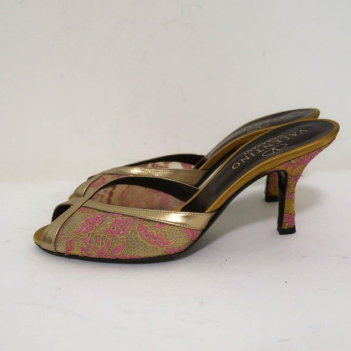 Valentino Peep Toe Mules Gold Metallic Leather-Trim Lace Size 38 Slide Heels available at CelebrityOwned.com img_5
