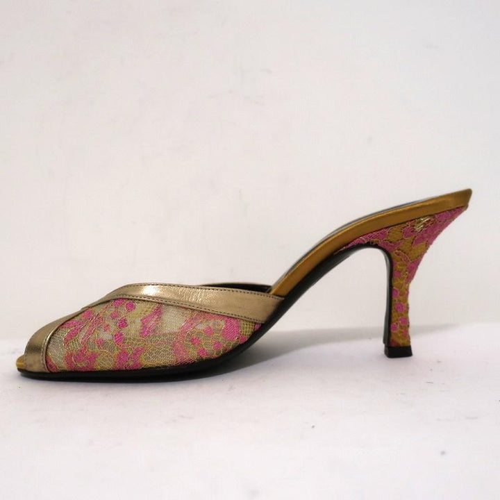 Valentino Peep Toe Mules Gold Metallic Leather-Trim Lace Size 38 Slide Heels available at CelebrityOwned.com img_6
