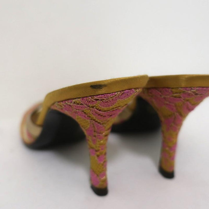 Valentino Peep Toe Mules Gold Metallic Leather-Trim Lace Size 38 Slide Heels available at CelebrityOwned.com img_8