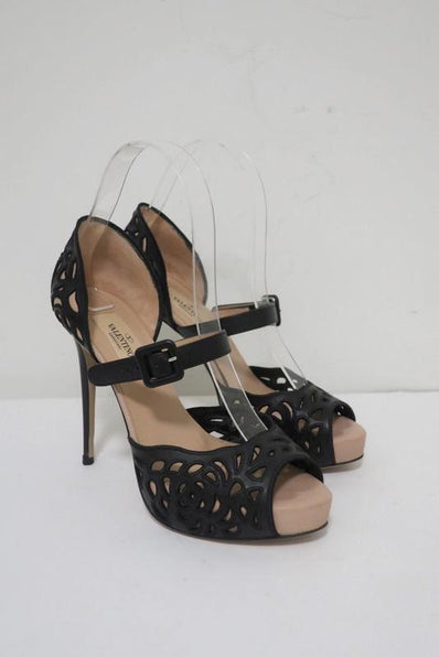 Valentino Platform Sandals Black Laser-Cut Leather Size 35.5 d'Orsay Heel available at CelebrityOwned.com img_1
