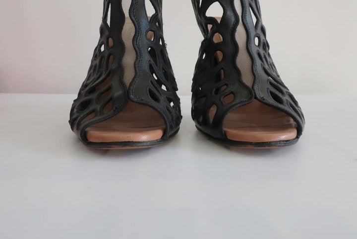 Valentino Rose Laser-Cut Slingback Booties Black Leather Size 39 Peep Toe Heel     15 > available at CelebrityOwned.com img_3