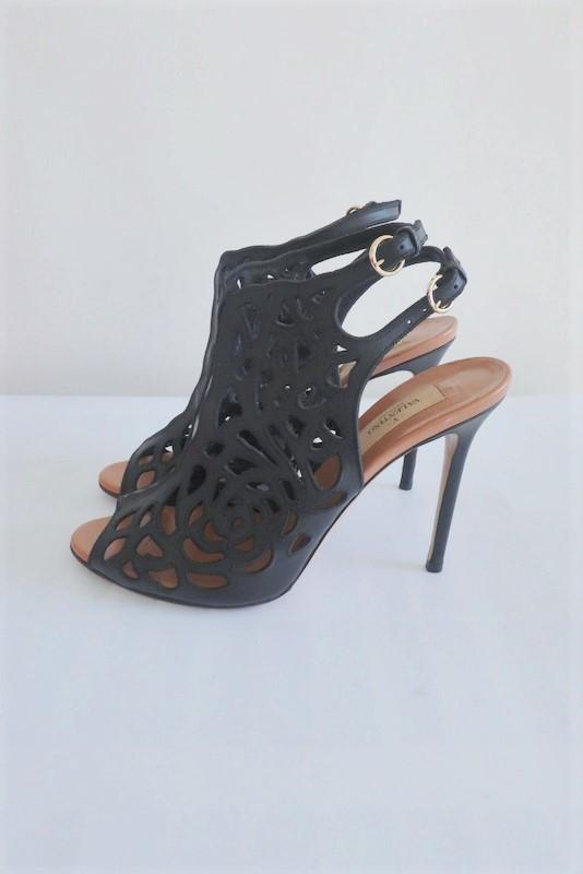 Valentino Rose Laser-Cut Slingback Booties Black Leather Size 39 Peep Toe Heel     15 > available at CelebrityOwned.com img_7