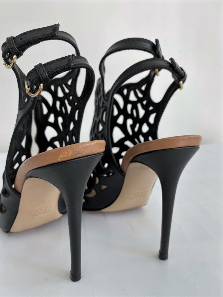Valentino Rose Laser-Cut Slingback Booties Black Leather Size 39 Peep Toe Heel     15 > available at CelebrityOwned.com img_9