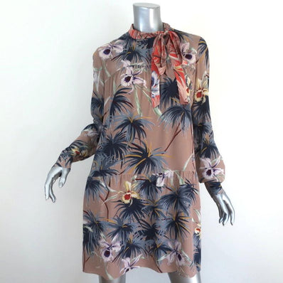 Valentino Tie Neck Dress Brown Floral Print Silk Size 8 Long Sleeve Mini available at CelebrityOwned.com img_1