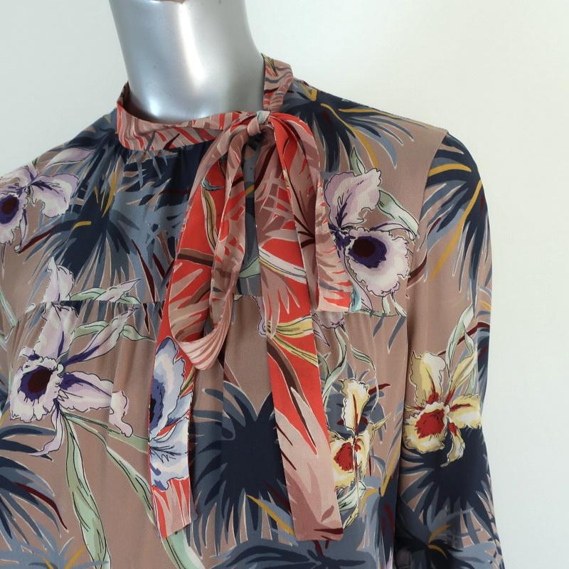 Valentino Tie Neck Dress Brown Floral Print Silk Size 8 Long Sleeve Mini available at CelebrityOwned.com img_2