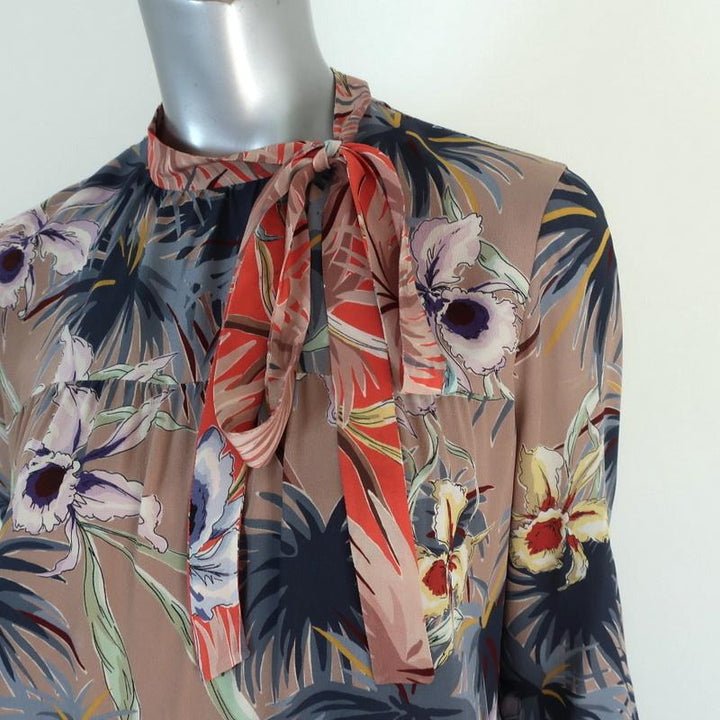Valentino Tie Neck Dress Brown Floral Print Silk Size 8 Long Sleeve Mini available at CelebrityOwned.com img_2