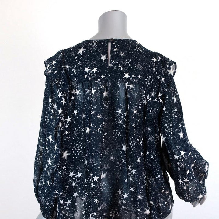 Velvet by Graham &amp; Spencer Top Ann Teal Ruffled Star Print Georgette Size Small available at CelebrityOwned.com img_5