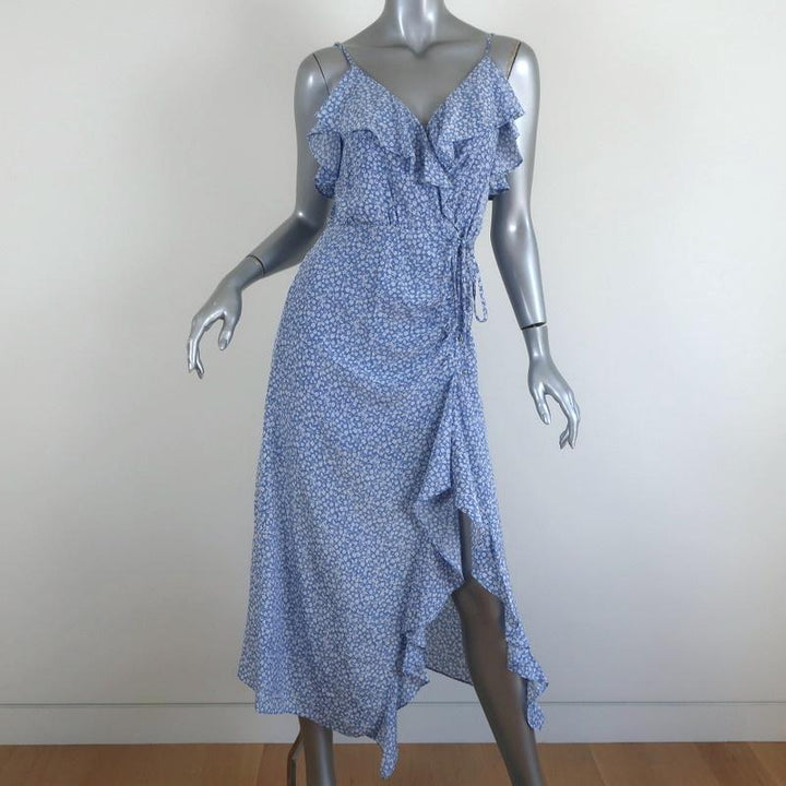 Veronica Beard Ruched Midi Dress Blue/White Floral Print Ruffled Silk Size 2 available at CelebrityOwned.com img_1