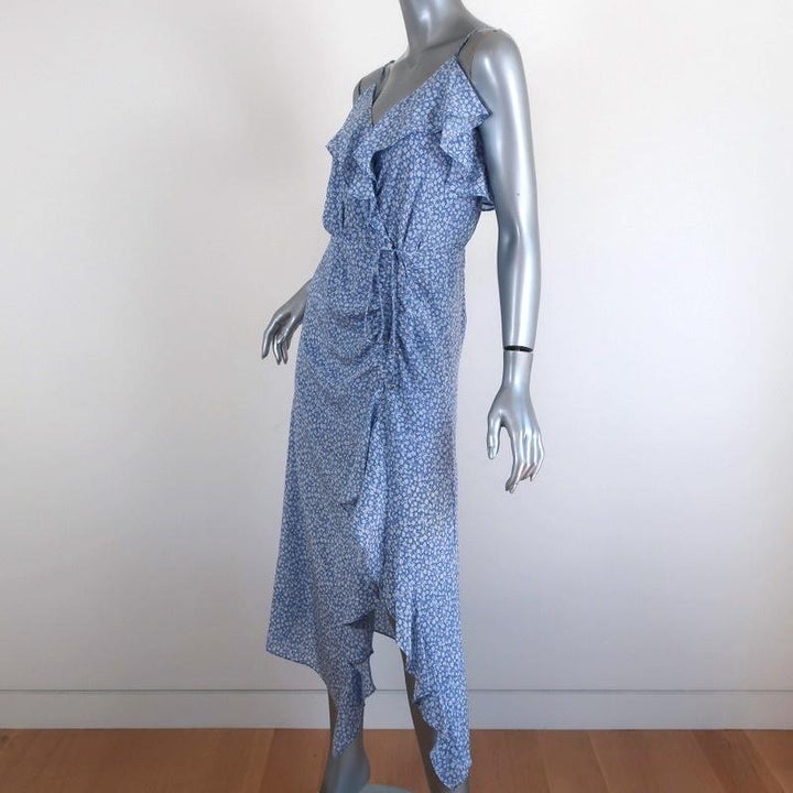 Veronica Beard Ruched Midi Dress Blue/White Floral Print Ruffled Silk Size 2 available at CelebrityOwned.com img_2