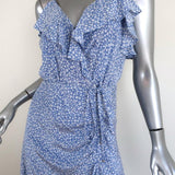 Veronica Beard Ruched Midi Dress Blue/White Floral Print Ruffled Silk Size 2 available at CelebrityOwned.com img_3