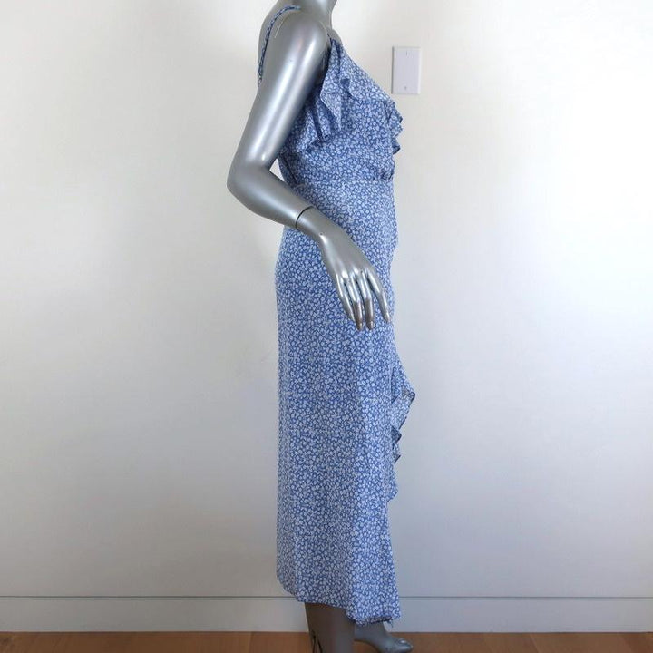 Veronica Beard Ruched Midi Dress Blue/White Floral Print Ruffled Silk Size 2 available at CelebrityOwned.com img_4