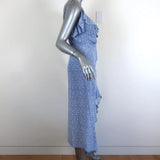 Veronica Beard Ruched Midi Dress Blue/White Floral Print Ruffled Silk Size 2 available at CelebrityOwned.com img_4