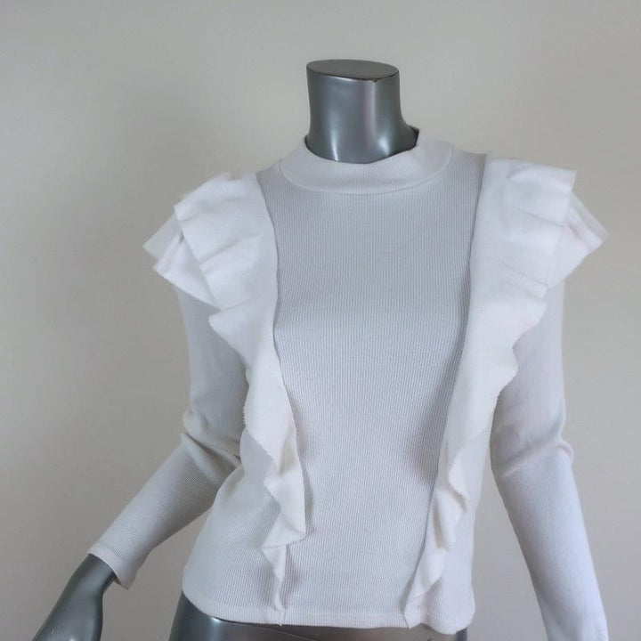 Veronica Beard Ruffle Top Dawson White Ribbed Jersey Size Medium Long Sleeve available at CelebrityOwned.com img_1