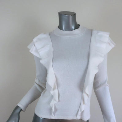 Veronica Beard Ruffle Top Dawson White Ribbed Jersey Size Medium Long Sleeve available at CelebrityOwned.com img_1