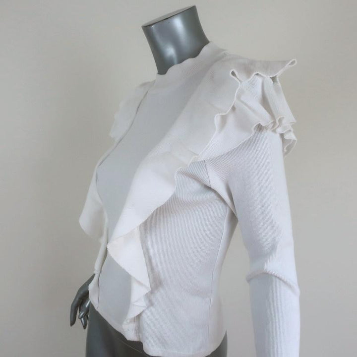 Veronica Beard Ruffle Top Dawson White Ribbed Jersey Size Medium Long Sleeve available at CelebrityOwned.com img_2