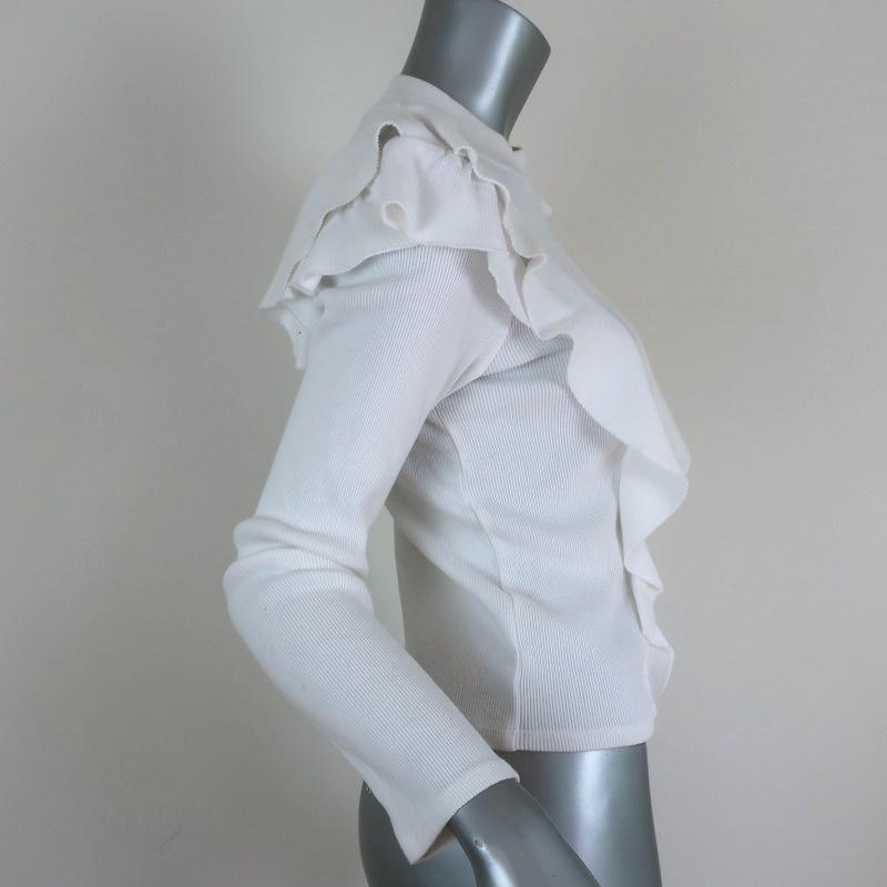 Veronica Beard Ruffle Top Dawson White Ribbed Jersey Size Medium Long Sleeve available at CelebrityOwned.com img_4