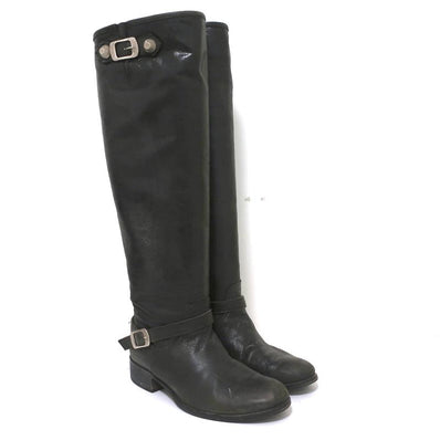 Via Roma 15 Knee High Buckle Strap Boots Charcoal Leather Size 37 available at CelebrityOwned.com img_1