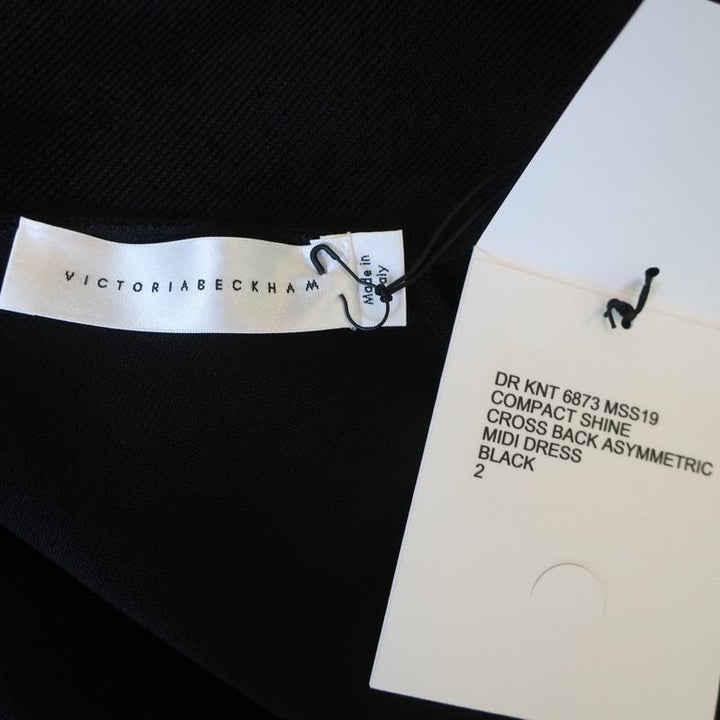 Victoria Beckham Cross Back Asymmetric Midi Dress Black Compact Knit Size 2 NEW available at CelebrityOwned.com img_8