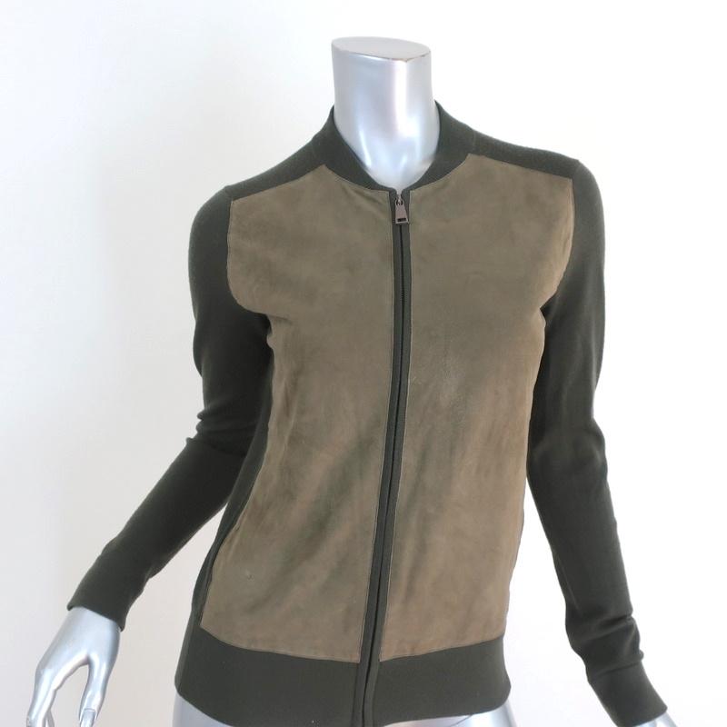 Vince Suede Front Cardigan Olive Wool Size Extra Small Zip-Up Sweater available at CelebrityOwned.com img_1