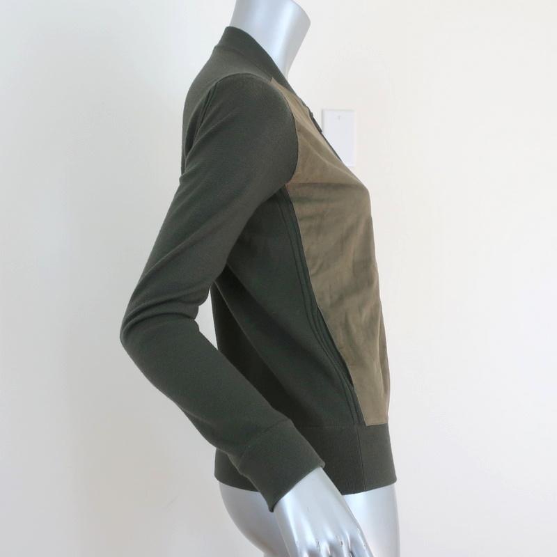 Vince Suede Front Cardigan Olive Wool Size Extra Small Zip-Up Sweater available at CelebrityOwned.com img_5