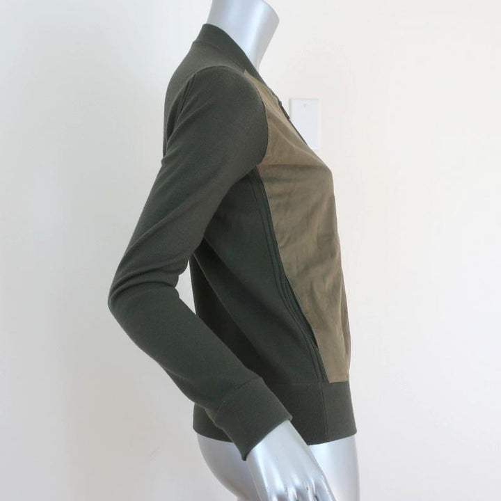 Vince Suede Front Cardigan Olive Wool Size Extra Small Zip-Up Sweater available at CelebrityOwned.com img_5