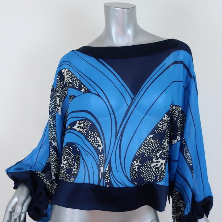 Warm Blouse Blue Printed Chiffon Size Petite/Small Tie-Sleeve Top available at CelebrityOwned.com img_1