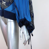 Warm Blouse Blue Printed Chiffon Size Petite/Small Tie-Sleeve Top available at CelebrityOwned.com img_4