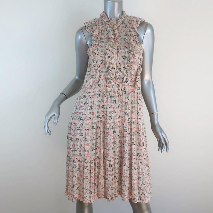 Warm Dress Ecru Palm Tree Print Ruffled Viscose Size 0 Sleeveless Button-Front available at CelebrityOwned.com img_1