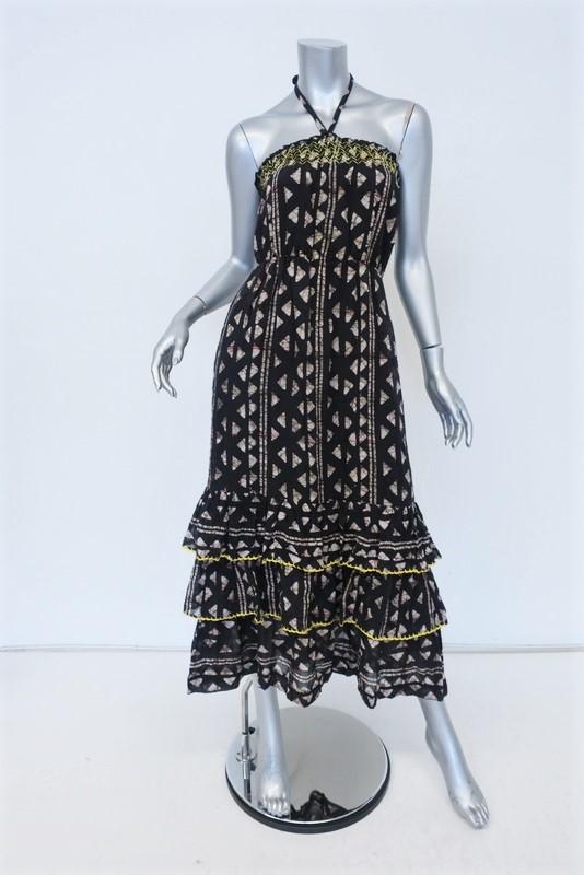 Warm Halter Maxi Dress Black Printed Cotton Size 0 Tiered Embroidered Ruffle-Hem available at CelebrityOwned.com img_1