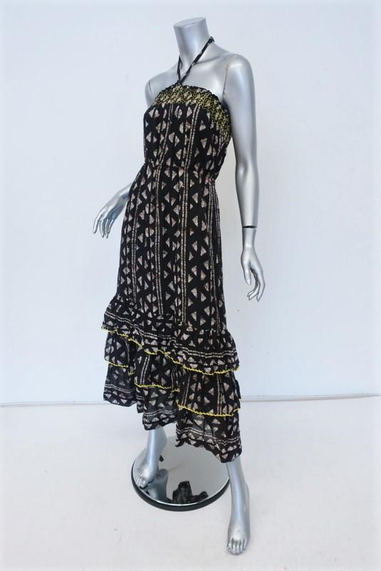 Warm Halter Maxi Dress Black Printed Cotton Size 0 Tiered Embroidered Ruffle-Hem available at CelebrityOwned.com img_4