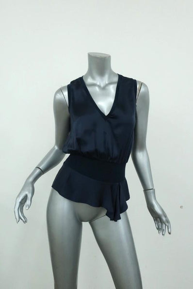Yves Saint Laurent Blouson Top Navy Silk Size 34 Sleeveless V-Neck Blouse available at CelebrityOwned.com img_1