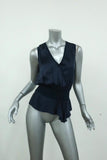 Yves Saint Laurent Blouson Top Navy Silk Size 34 Sleeveless V-Neck Blouse available at CelebrityOwned.com img_1