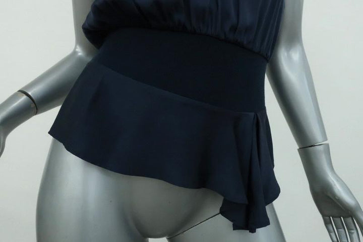 Yves Saint Laurent Blouson Top Navy Silk Size 34 Sleeveless V-Neck Blouse available at CelebrityOwned.com img_3