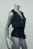 Yves Saint Laurent Blouson Top Navy Silk Size 34 Sleeveless V-Neck Blouse available at CelebrityOwned.com img_5